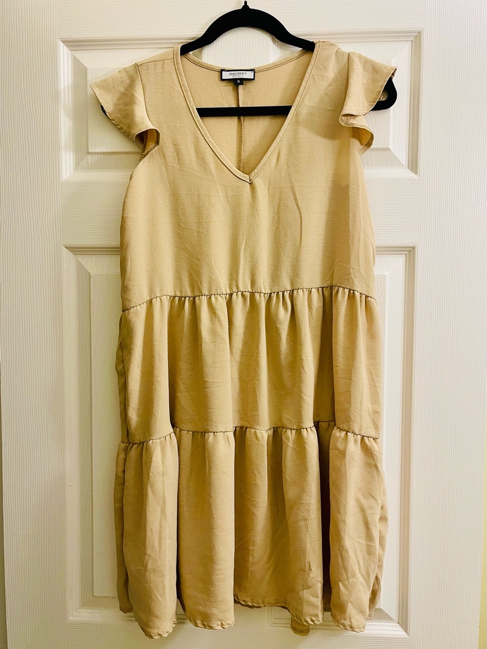 Discreet Tan Tiered V-Neck Ruffle Sleeve Dress
